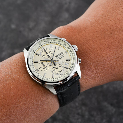 Seiko Classic SSB383P1 Neo Chronograph Beige Dial Black Leather Strap