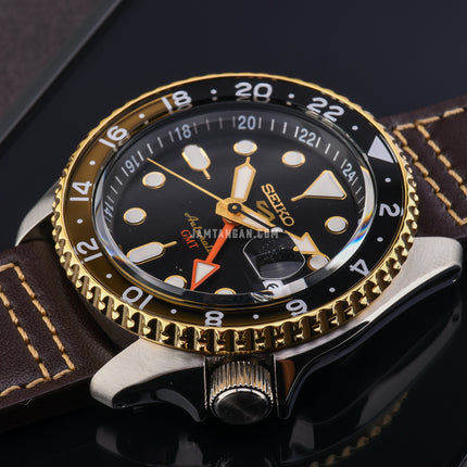 Seiko 5 Sports SSK036K1 SKX Series Automatic GMT Black Dial Brown Leather Strap