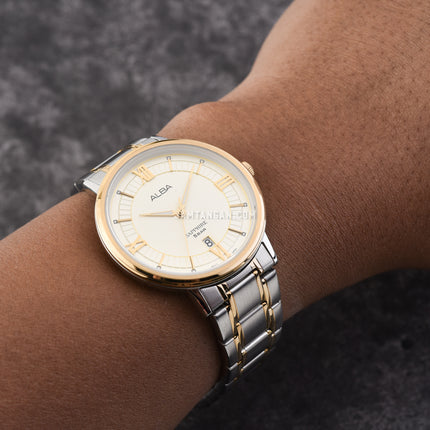 Alba Prestige AS9L24X1 Men Champagne Pattern Dial Dual Tone Stainless Steel Strap
