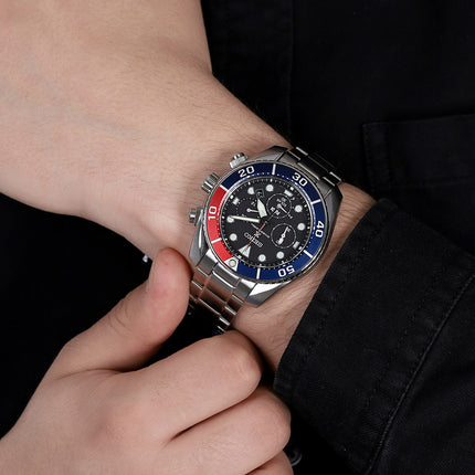 Seiko Prospex SSC795J1 PADI Sumo Pepsi Solar Chronograph Black Dial Stainless Steel Strap
