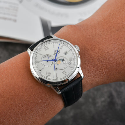 Orient Bambino RA-AK0802S Automatic Sun & Moon White Analog Dial Black Leather Strap