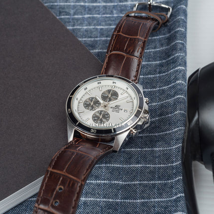 Casio Edifice EFR-526L-7AVUDF Chronograph Panda Men White Dial Brown Leather Strap