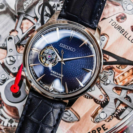 Seiko Presage SSA405J1 Cocktail Time Blue Moon Open Heart Dial Blue Leather Strap