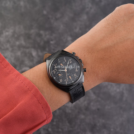 Alba Prestige AM3497X1 Chronograph Black Dial Black Leather Strap