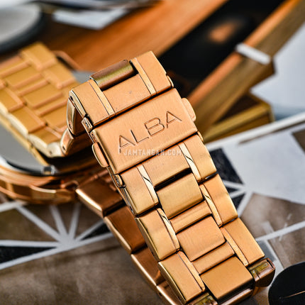 Alba Prestige AM3770X1 Chronograph Silver Pattern Dial Rose Gold Stainless Steel Strap