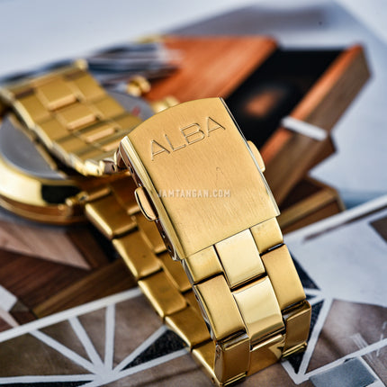 Alba Prestige AT3F62X1 Chronograph Men Black Dial Gold Stainless Steel Strap