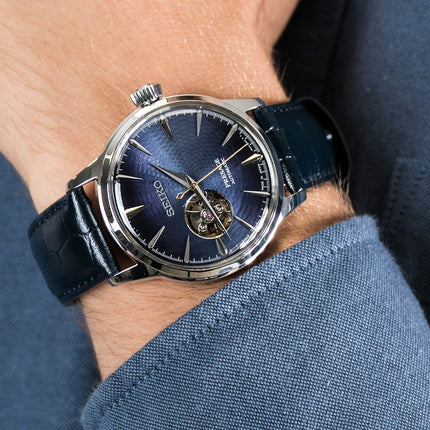 Seiko Presage SSA405J1 Cocktail Time Blue Moon Open Heart Dial Blue Leather Strap
