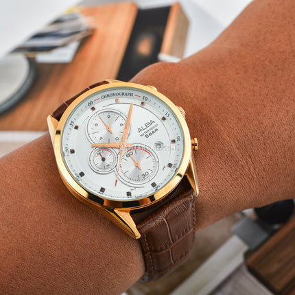 Alba Prestige AM3430X1 Chronograph Men Silver Dial Brown Leather Strap