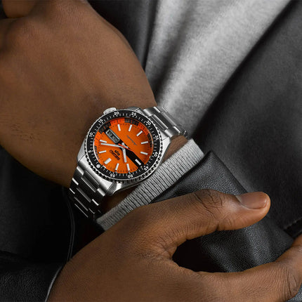 Seiko 5 Sports SRPK11K1 SKX Sports Style Double Hurricane Orange Dial St Steel Strap Special Edition