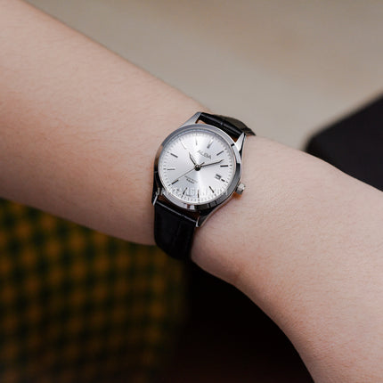 Alba Prestige AH7CG7X1 Ladies Silver White Dial Black Leather Strap