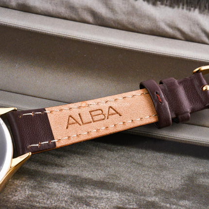 Alba Fashion AG8Q58X1 Ladies Silver White Dial Dark Brown Leather Strap