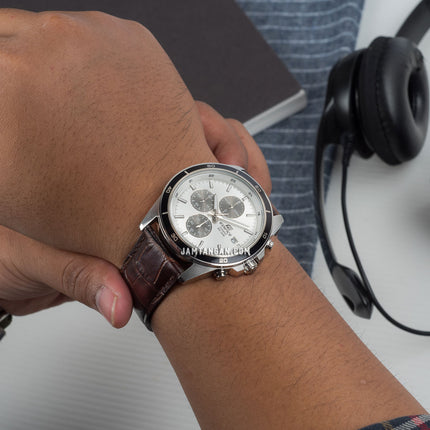 Casio Edifice EFR-526L-7AVUDF Chronograph Panda Men White Dial Brown Leather Strap
