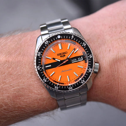 Seiko 5 Sports SRPK11K1 SKX Sports Style Double Hurricane Orange Dial St Steel Strap Special Edition