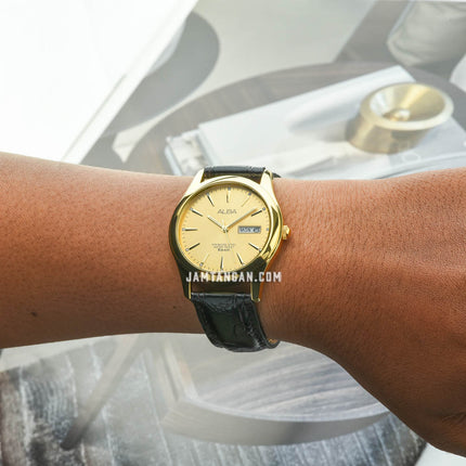 Alba AXND62X1 Men Gold Dial Gold Case Black Leather Strap