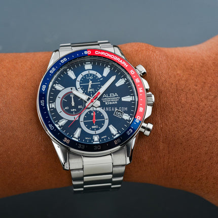 Alba Active AM3A21X1 Men Chronograph Pepsi Blue Dial Stainless Steel Strap