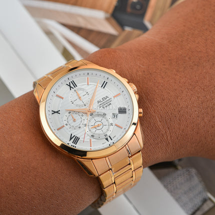 Alba Prestige AM3770X1 Chronograph Silver Pattern Dial Rose Gold Stainless Steel Strap
