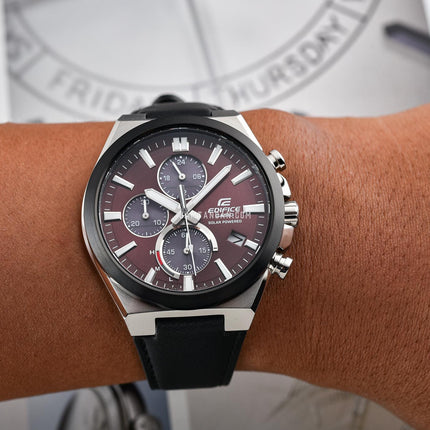 Casio Edifice EQS-950BL-5AVUDF Solar Powered Chronograph Red Maroon Dial Black Leather Band