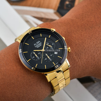 Alba Prestige AT3F62X1 Chronograph Men Black Dial Gold Stainless Steel Strap