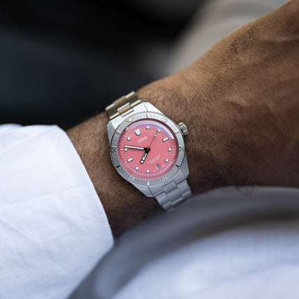 Oris Divers Sixty Five 01-733-7771-4058-07-8-19-18 Cotton Candy Red Dial Stainless Steel Strap