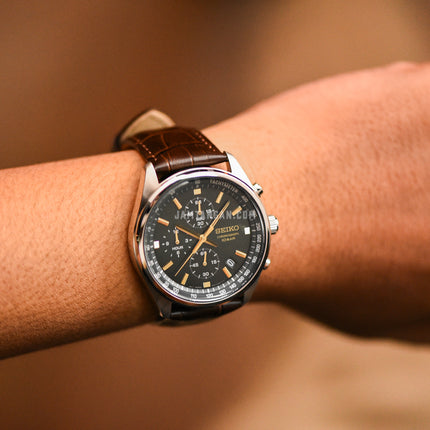 Seiko Chronograph SSB385P1 Green Dial Brown Leather Strap