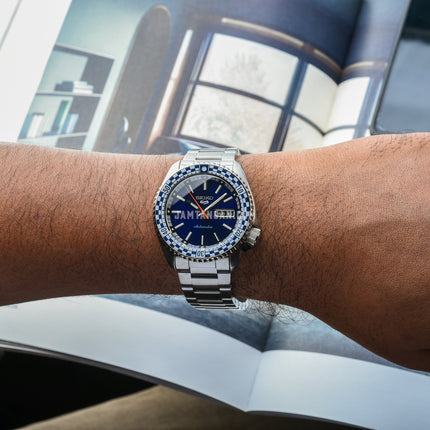 Seiko 5 Sports SRPK65K1 SKX Sports Style Petrol Blue Checker Flag St. Steel Strap Special Edition