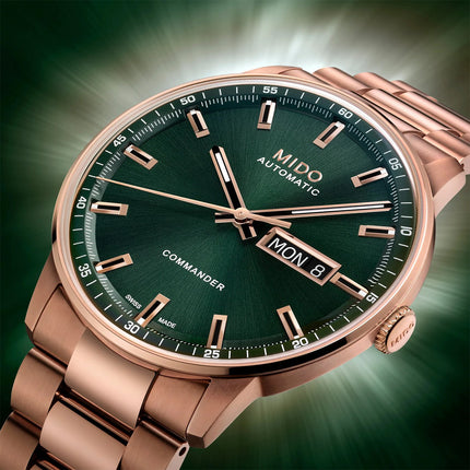 MIDO Commander M021.430.33.091.00 Datoday Automatic Green Dial Rose Gold Stainless Steel Strap