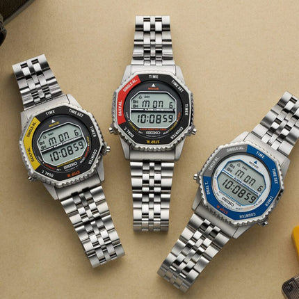 Seiko SMGG19P1 Rotocall Reissue Digital Quartz Watch in Red & Black Stainless Steel Strap