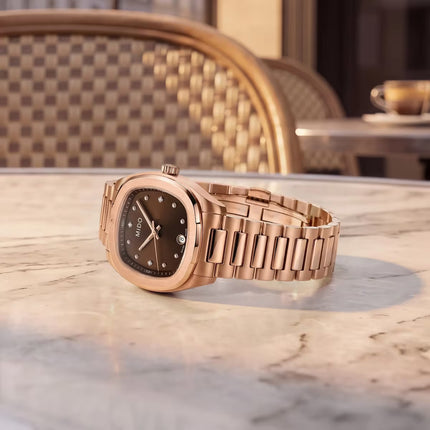 MIDO Multifort TV 28 M049.110.33.296.00 Ladies Brown Dial Rose Gold Stainless Steel Strap
