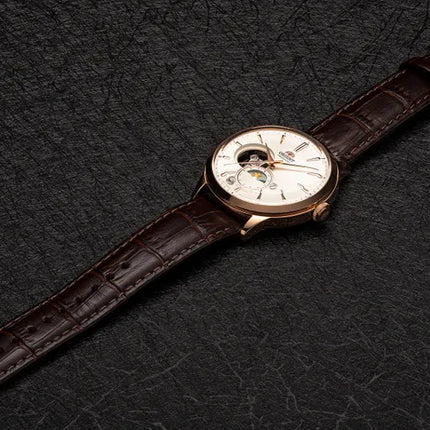 Orient Classic RA-AS0102S Automatic Sun & Moon Open Heart White Dial Brown Leather Strap