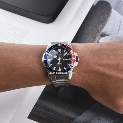 Alba Mechanical A3B017X1 Automatic Men Pepsi Black Pattern Dial Stainless Steel Strap
