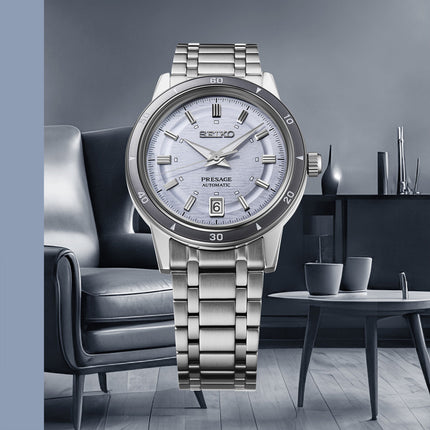 Seiko Presage SRPL73J1 Style60s Silver Violet Dial Stainless Steel Strap