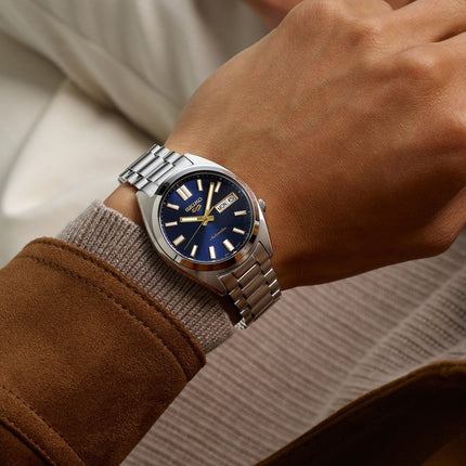 Seiko 5 Sport SRPL55K1 SNXS Vintage Gold Collection In Blazer Blue Stainless Steel Strap