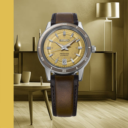 Seiko Presage SRPL75J1 Style60s Golden Yellow Dial Brown Leather Strap