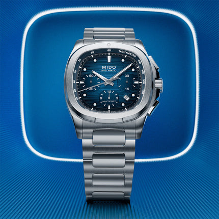 MIDO Multifort TV M049.527.11.041.00 Men Chronograph Blue Dial Stainless Steel Strap + Extra Strap
