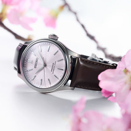Seiko Presage Classic HCC003J1 Tomioka Silk Sakura Pink Dial Brown Leather Strap