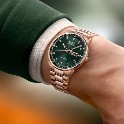 MIDO Commander M021.430.33.091.00 Datoday Automatic Green Dial Rose Gold Stainless Steel Strap