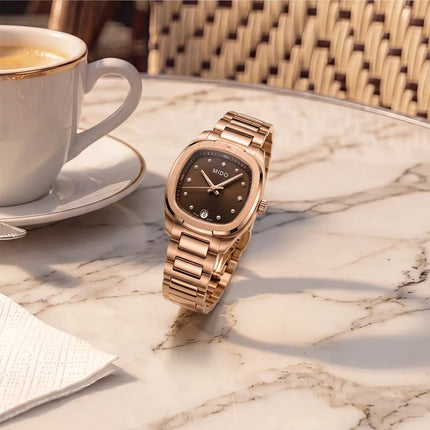 MIDO Multifort TV 28 M049.110.33.296.00 Ladies Brown Dial Rose Gold Stainless Steel Strap