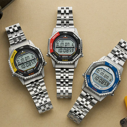 Seiko SMGG21P1 Rotocall Reissue Digital Quartz Watch in Grey & Blue Stainless Steel Strap