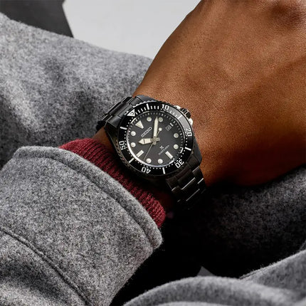 Seiko Prospex SNE599P1 Sea Solar Diver Black Dial Black Stainless Steel Strap