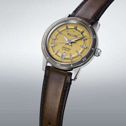 Seiko Presage SRPL75J1 Style60s Golden Yellow Dial Brown Leather Strap