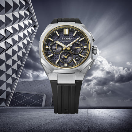 Seiko Astron HAB003J1 GPS Solar Dual Time Chronograph Titanium Black Dial Black Silicone Strap