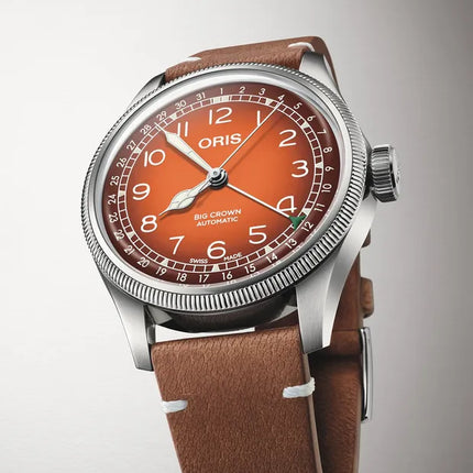 Oris x Cervo Volante Big Crown 01-754-7785-4068-LS Pointer Date Orange Dial Brown Leather Strap