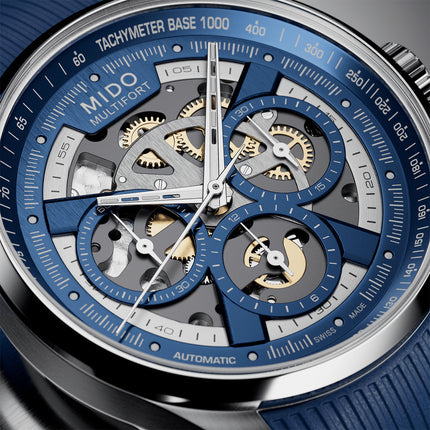 MIDO Multifort M038.662.17.040.00 Skeleton Chronograph Blue Rubber Strap