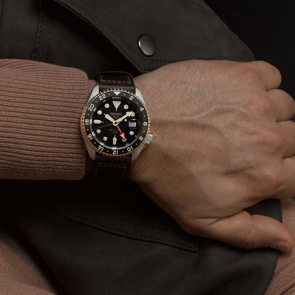 Seiko 5 Sports SSK036K1 SKX Series Automatic GMT Black Dial Brown Leather Strap