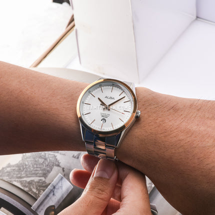 Alba Prestige AS9D30X1 Silver White Patterned Dial Stainless Steel Strap