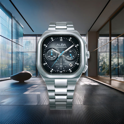 Alba Active AT3L03X1 Chronograph Men Black Gradation Dial Stainless Steel Strap