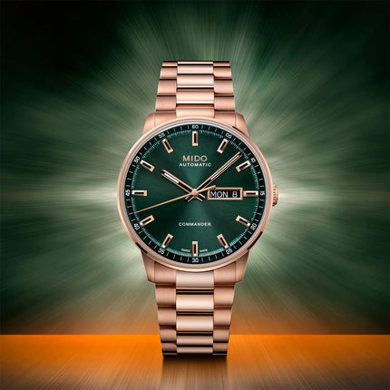 MIDO Commander M021.430.33.091.00 Datoday Automatic Green Dial Rose Gold Stainless Steel Strap