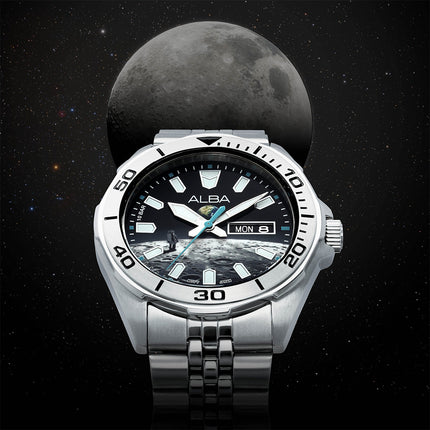 Alba Active Planet Series AV3591X2 Men Moon Graphic Dial Stainless Steel Strap