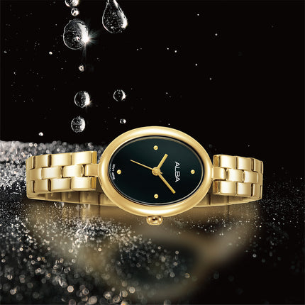 Alba Fashion AH8918X1 Ladies Analog Black Polished Dial Gold Stainless Steel Strap