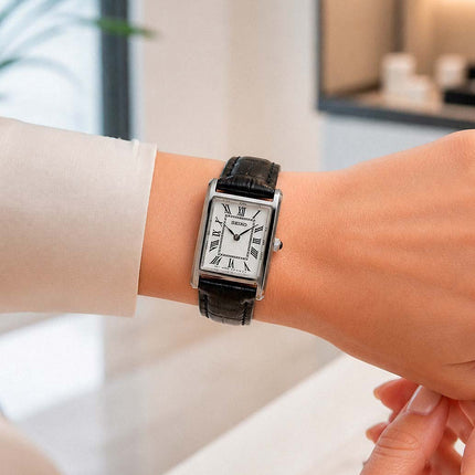 Seiko Classic SWR107P1 Tank Discover More Ladies White Dial Black Leather Strap